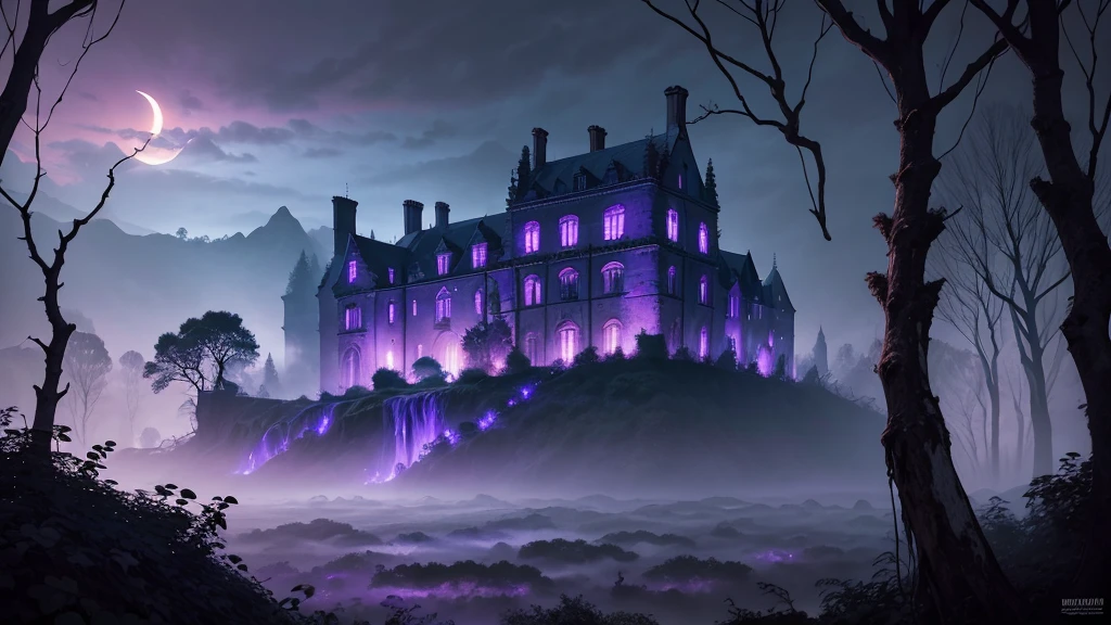 A hauntingly beautiful landscape shrouded in twilight. The foreground features a desolate, overgrown forest with gnarled, ancient trees whose twisted branches form dark, intricate patterns against the fading light. Among the trees, faint, ghostly wisps of fog snake through the underbrush, adding a sense of ethereal mystery. In the background, a ruined castle partially covered in ivy looms under a sky painted in shades of deep purple and indigo, with stars beginning to appear. A pale, crescent moon hangs low on the horizon, casting an eerie, silvery light over the scene.