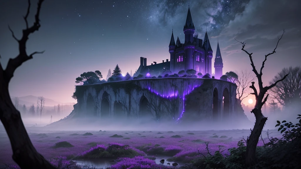 A hauntingly beautiful landscape shrouded in twilight. The foreground features a desolate, overgrown forest with gnarled, ancient trees whose twisted branches form dark, intricate patterns against the fading light. Among the trees, faint, ghostly wisps of fog snake through the underbrush, adding a sense of ethereal mystery. In the background, a ruined castle partially covered in ivy looms under a sky painted in shades of deep purple and indigo, with stars beginning to appear. A pale, crescent moon hangs low on the horizon, casting an eerie, silvery light over the scene.