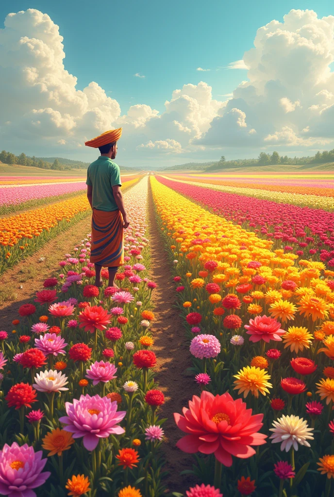 Show the transformation of Babu's field as vibrant, colorful flowers begin to bloom. Highlight the beauty and variety of the flowers.