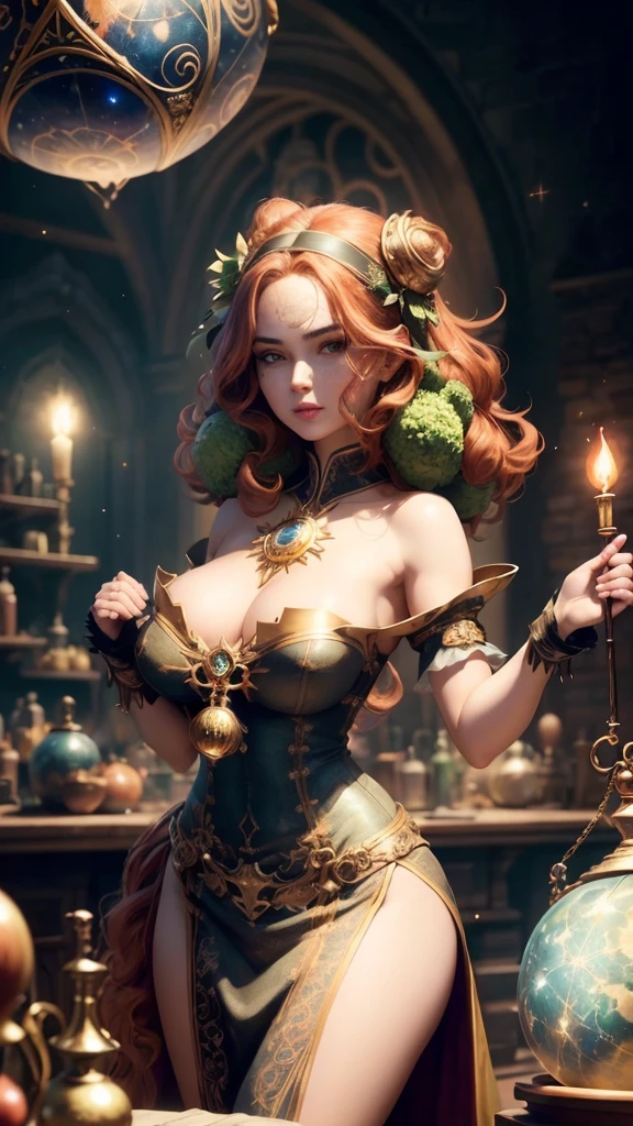 A gorgeous, Caucasian lady with curly red hair and vivid green expressive eyes, casting a spell with her hands, a confident smile on her perfectly proportioned body. She is surrounded by a celestial star map, an experiment desk crowded with alchemy instruments, medicines, reagents, specimen, bottles, scrolls, and many floating open spell books. A large floating antique terrestrial globe, an old compass, and a massive old clock add to the magical atmosphere. She wears a beautiful, flowing wizard's skirt with frills, illuminated by dramatic backlighting in a beautiful, fantastic night view filled with a multitude of stars. Highly detailed, finely detailed beautiful eyes and face, perfect anatomy, and fingers, with a depth of field and atmospheric perspective, all in 8K UHD resolution, creating an ultra-realistic and ultra-detailed legendary multicolored psychedelic masterpiece.