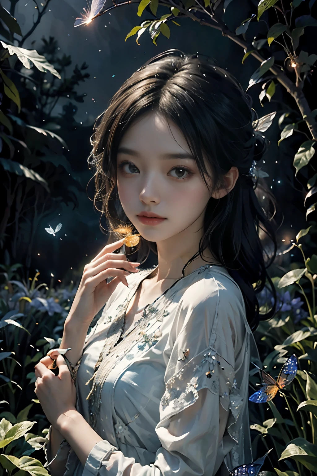 Beautiful fairy, surrounded by fireflies, ethereal and dreamy atmosphere