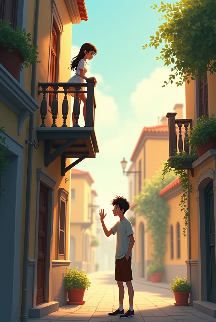 A girl who has standing in third floor balcony looking down the boy and the boy who is standing on ground looking the girl and weaving his hand towards her