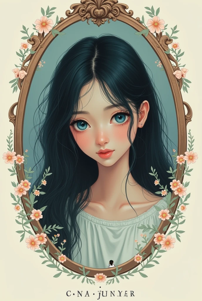 Title: "Learning from me"
Author: Alisse Ruiz Figueroa Background image: A girl with blue eyes and black hair looking at herself in the mirror, In the mirror she sees herself as a child. The mirror is decorated with flowers in pastel tones.
Color Principal: soft pink Typography: italic Additional elements: a small icon of a person looking in the mirror Design: The cover has an elegant and minimalist design. The title and author are highlighted at the bottom of the cover., respectively.