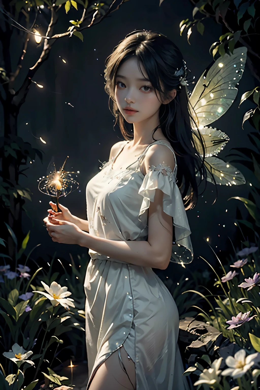 Beautiful fairy, surrounded by fireflies, ethereal and dreamy atmosphere