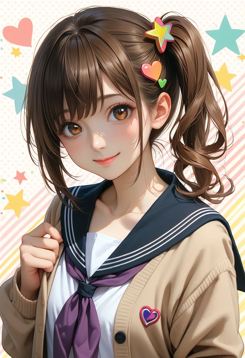 ichigestyle, 1girl, solo, brown hair, heart, hair ornament, school uniform, side ponytail, smile, looking at viewer, neckerchief, upper body, heart hair ornament, cardigan, sailor collar, serafuku, black sailor collar, bangs, yellow eyes, closed mouth, long hair, brown eyes, purple neckerchief, striped background, collarbone, striped, polka dot, star (symbol)