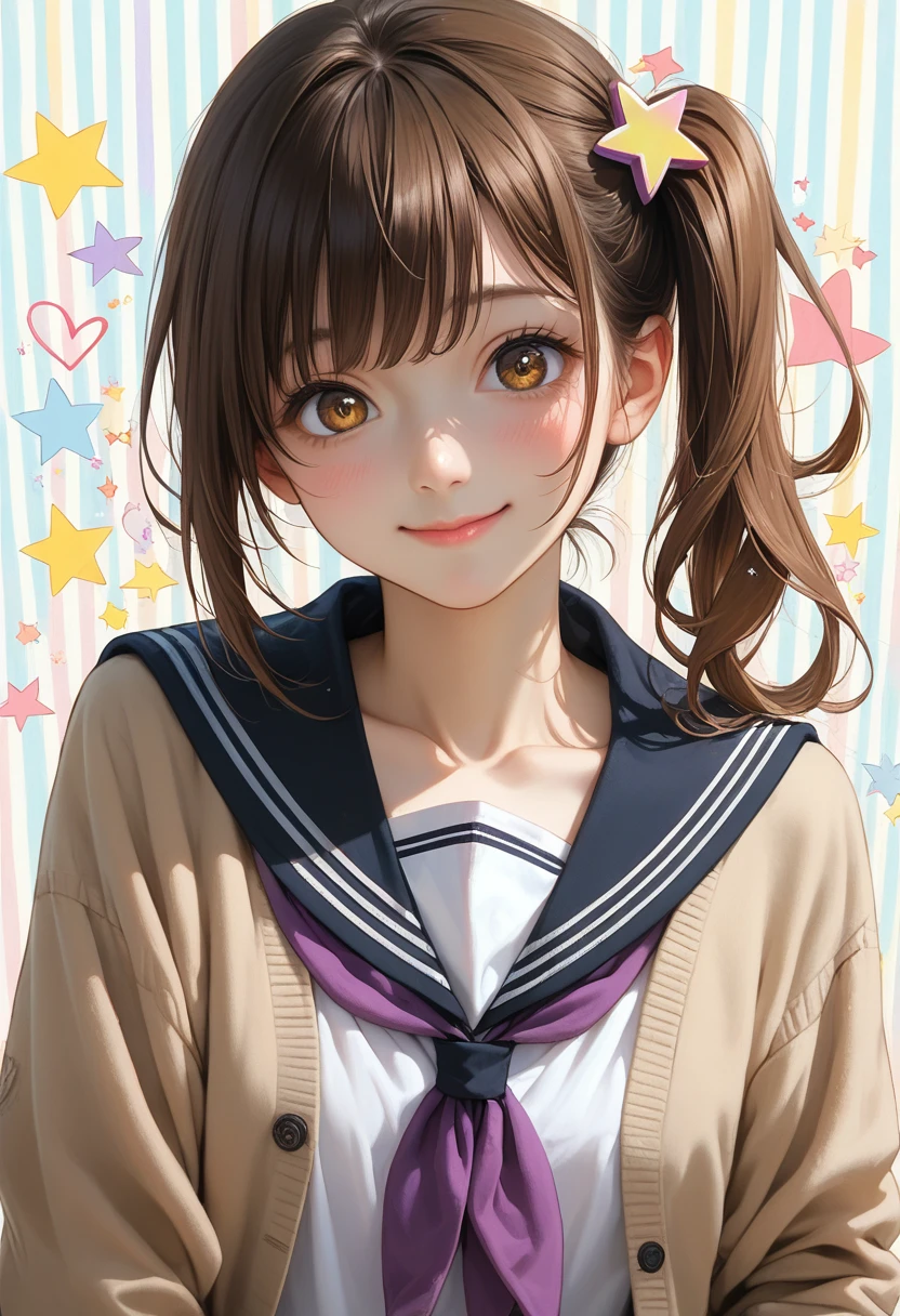 ichigestyle, 1girl, solo, brown hair, heart, hair ornament, school uniform, side ponytail, smile, looking at viewer, neckerchief, upper body, heart hair ornament, cardigan, sailor collar, serafuku, black sailor collar, bangs, yellow eyes, closed mouth, long hair, brown eyes, purple neckerchief, striped background, collarbone, striped, polka dot, star (symbol)