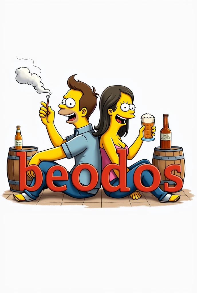 Generate a realistic style logo etiqueta de cerveza of a man feliz sitting on the floor smoking a cigarette, woman feliz sitting on the floor drinking a bottle of whiskey, back to back,text "BEODOS", barril de cerveza, Homer Simpson, Marge Simpson, bar de Moe