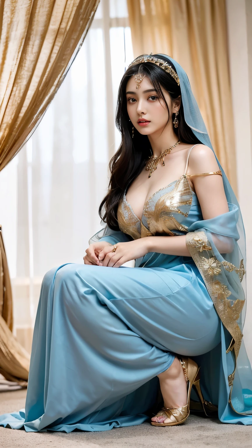 Front view , ((Full-body, in Arabian tent), a Persian ancient girl, looking at viewer, exotic Persian girl is 20 years old, (Black hair ,long hair, Brown eye, (Her eyes were outlined with kohl:1.3) , little Lips, serious, head band jewel), (big breasts, wide hip), (She wore a knee-length light blue gorgeous design gown adorned with intricate embroidery, complemented by gold bangles and necklaces. A second, longer shawl covered her head and shoulders, framing her face like a white see-through veil), ((Surrealism, Verism, UHD, retina, masterpiece, anatomically correct, accurate, textured skin, super detail, high details, high quality, best quality, highres, 8k))