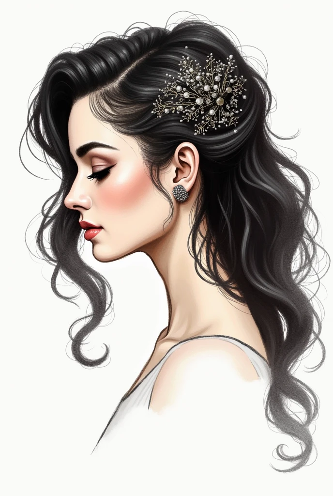 Make me a sketch of a hairstyle, for Carmen, a work of modern ballet and contemporary dance. I want my hair half up and lots of loose curls to dance, with some gypsy ornament