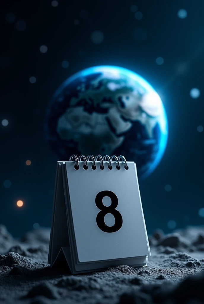 Black and white calendar marking April 8th with planet Earth in the background , blue space background