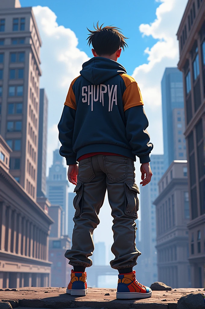 A boy wearing Hip Hop Bundle of free fire standing on the top of the building. With name written shourya at the back