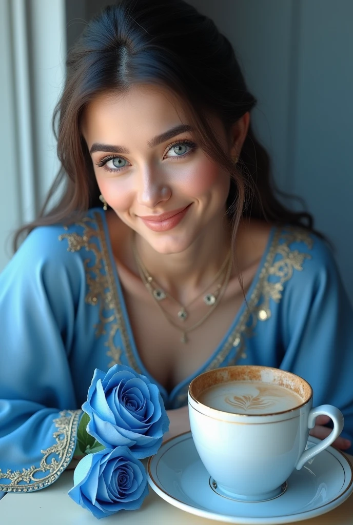 Beautiful 3D pretty girl smiling face blue Mughal wearing clothes with blue eyes
Blue rose and cup of coffee