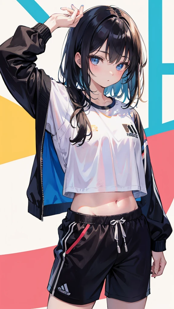 (Realistic painting style:1.0), Masterpiece, Best quality, absurderes, comic strip, illustration,
1 girl, Medium hair, Cute girl, young and cute girl, Korean girl, {Breasts}, Width 17, 
A girl in a white shirt and black shorts, Wearing track suit, croptop, trending on r/Street attire, She is seen wearing streetwear pieces, Wearing track suit, Sportswear,