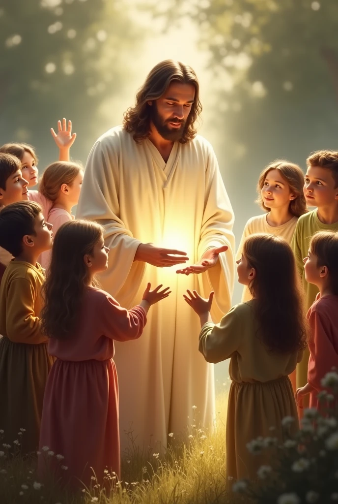 a lot of children are sitting and Jesus blesses them