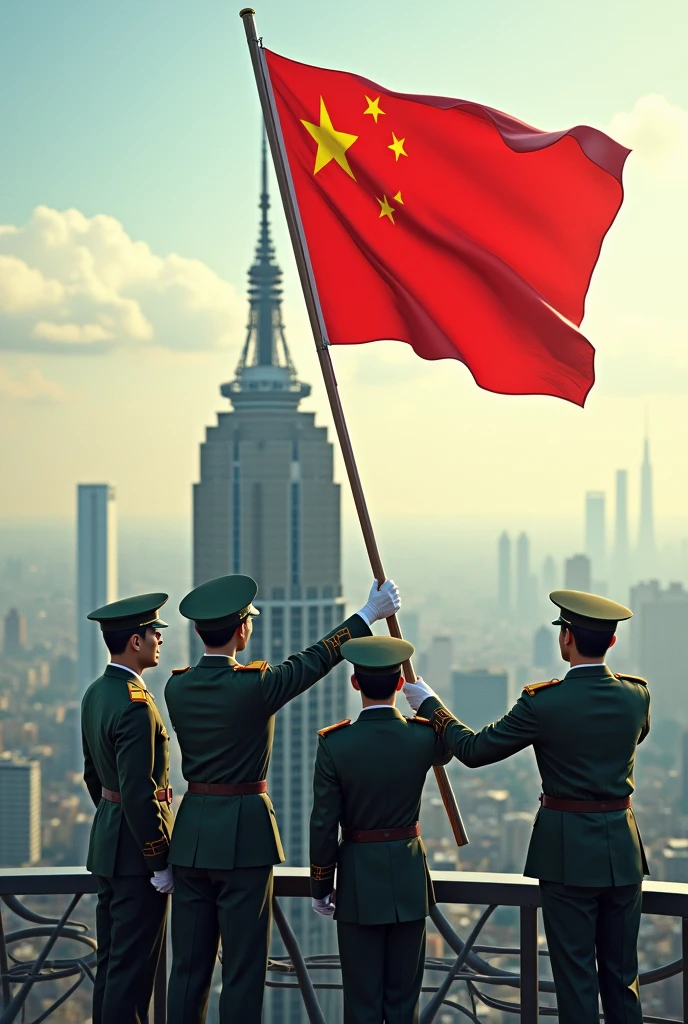 Chinese soldiers plant the Chinese national flag on top of the Baiyoke building in Thailand.