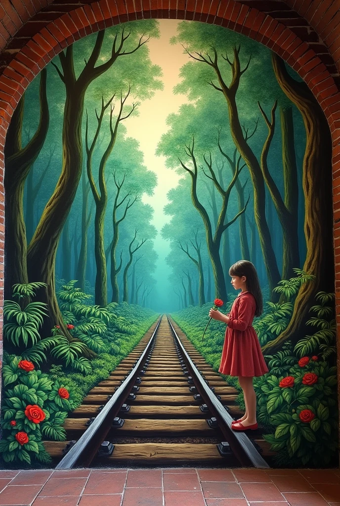 A wall where there is an art and this art is a picture of railway line gone through the jungle surrounded by lots of trees and beside this railway line,a girl is waiting holding rose.This picture is designed in the wall of a room made of bricks