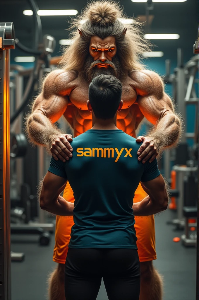 God Hanumanji helping a man in gym and sammyx is written on the back of tshirt which the men has worn
