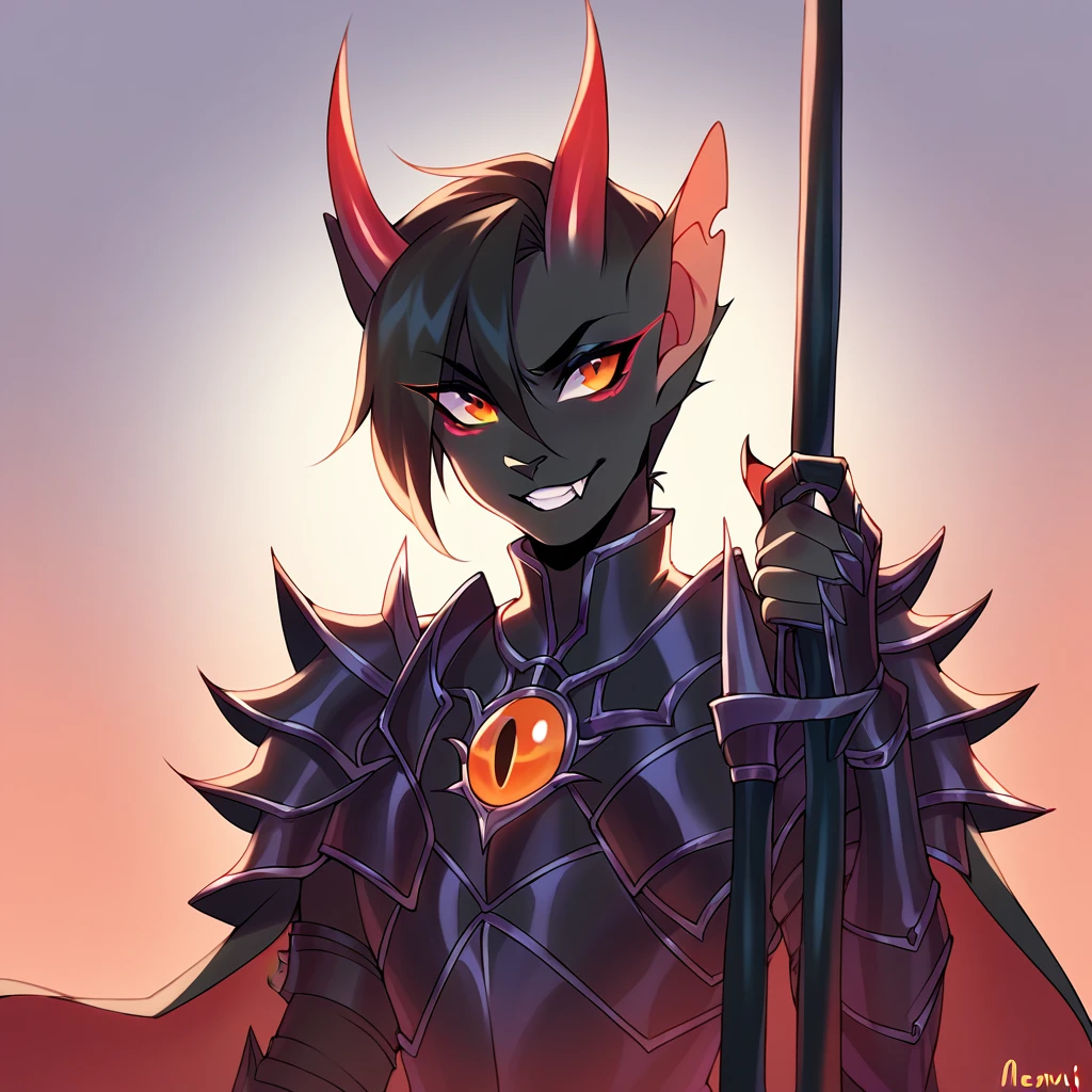 matemi, score_9, score_8_up, score_7_up, score_6_up, Evil Mouse, with ebony black fur and medium-orange eyes in demonic armor