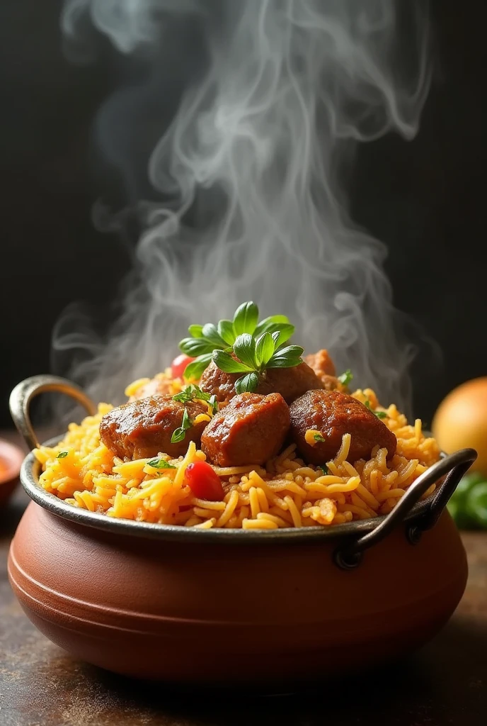 I need a photo of biriyani with some steam in the bottom 