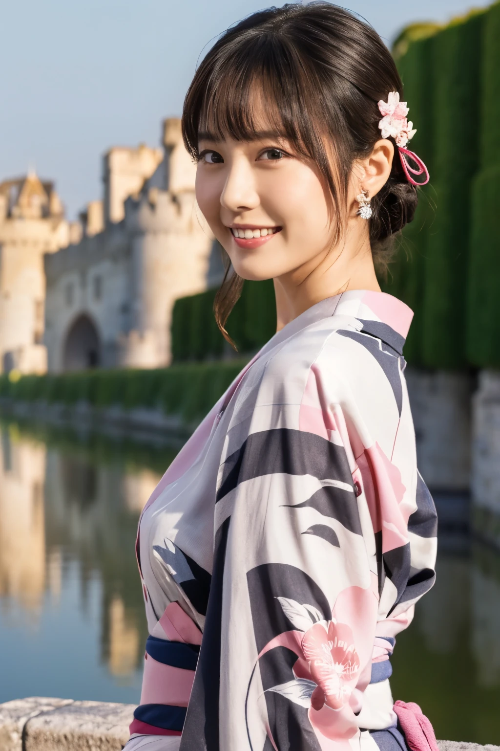 1 person, (Wearing a cute pink yukata.:1.2), Very beautiful Japanese idol portraits, (Young Face),
(RAW Photos, Highest quality), (Realistic, Realistic:1.4), (masterpiece), 
Very delicate and beautiful, Very detailed, 2k wallpaper, wonderful, finely, Very detailed CG Unity 8k 壁紙, Very detailed, High resolution, Soft Light, 
Beautiful details, Very detailed目と顔, Beautiful and sophisticated nose, Beautiful and beautiful eyes, Cinema Lighting, 
(Commemorative photo at the castles of the Loire:1.3), 
(Japanese hairstyle), (Tie your hair at the back:1.3), (bangs), (hairpin), 
Complete Anatomy, Slender body, Small breasts, smile