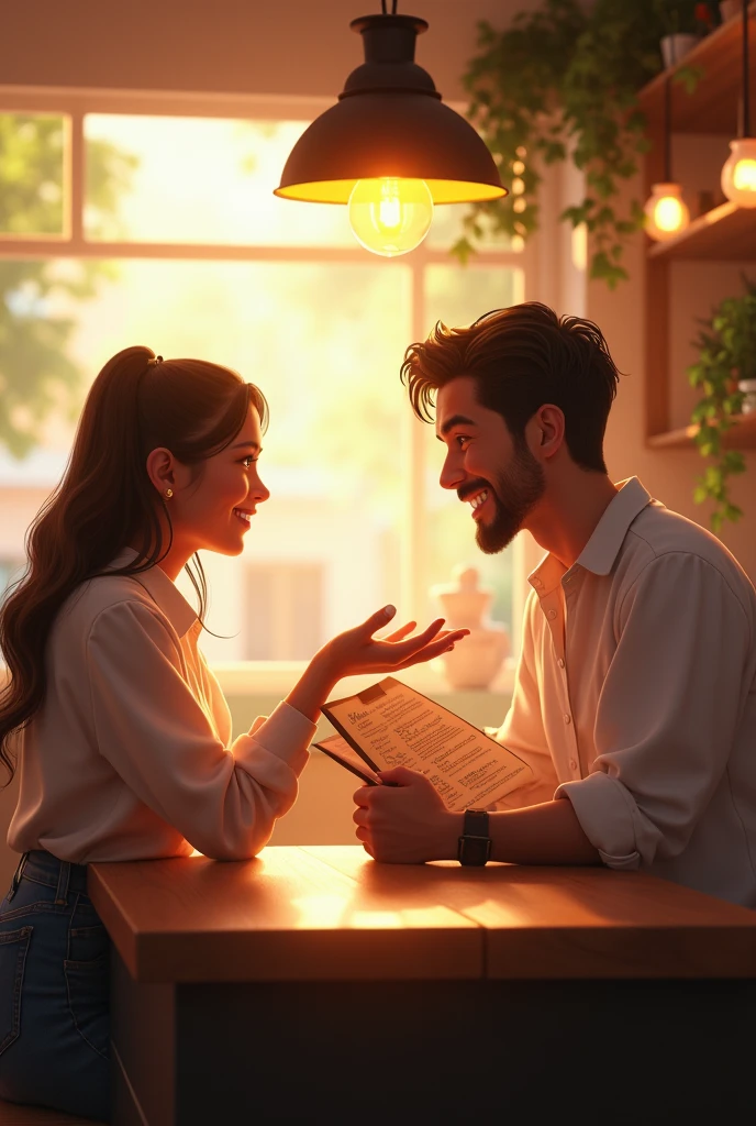 A cozy, sunlit cafe setting, where a young woman, exuding warmth and enthusiasm, leans in to engage with a curious new male customer. Her expressive hands gesture towards the menu, highlighting the enticing options. The male customer, intrigued, studies the menu with keen interest. The ambiance is inviting, with soft, warm lighting casting a golden glow on the scene, making the male customer feel instantly welcome.