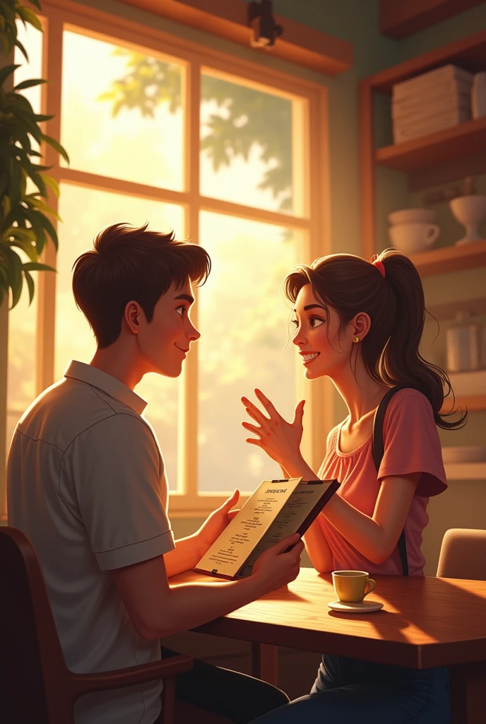 A cozy, sunlit cafe setting, where a young woman, exuding warmth and enthusiasm, leans in to engage with a curious new male customer. Her expressive hands gesture towards the menu, highlighting the enticing options. The male customer, intrigued, studies the menu with keen interest. The ambiance is inviting, with soft, warm lighting casting a golden glow on the scene, making the male customer feel instantly welcome.