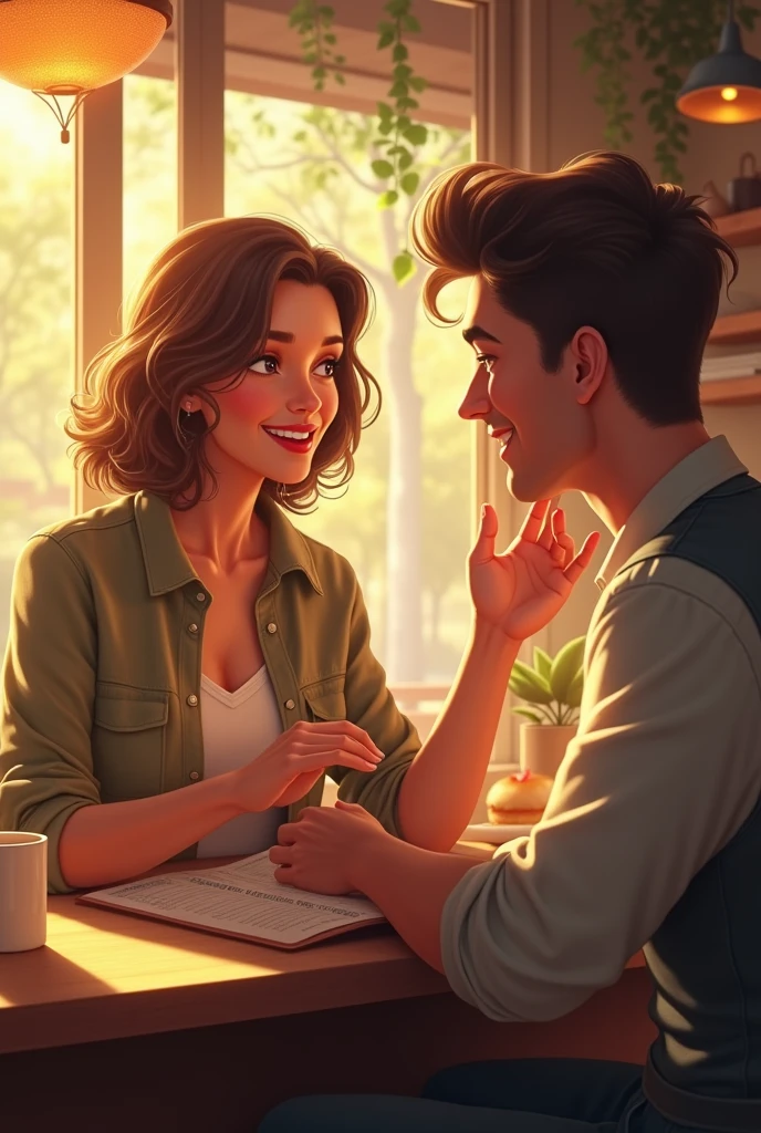 A cozy, sunlit cafe setting, where a young woman, exuding warmth and enthusiasm, leans in to engage with a curious new male customer. Her expressive hands gesture towards the menu, highlighting the enticing options. The male customer, intrigued, studies the menu with keen interest. The ambiance is inviting, with soft, warm lighting casting a golden glow on the scene, making the male customer feel instantly welcome.