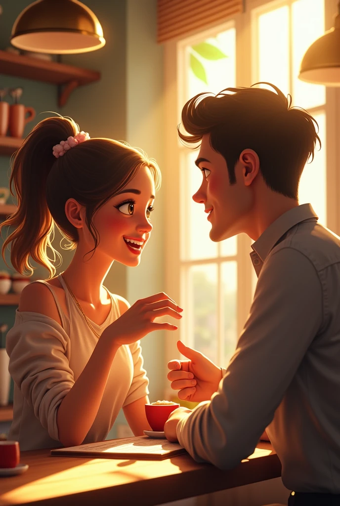 A cozy, sunlit cafe setting, where a young woman, exuding warmth and enthusiasm, leans in to engage with a curious new male customer. Her expressive hands gesture towards the menu, highlighting the enticing options. The male customer, intrigued, studies the menu with keen interest. The ambiance is inviting, with soft, warm lighting casting a golden glow on the scene, making the male customer feel instantly welcome.