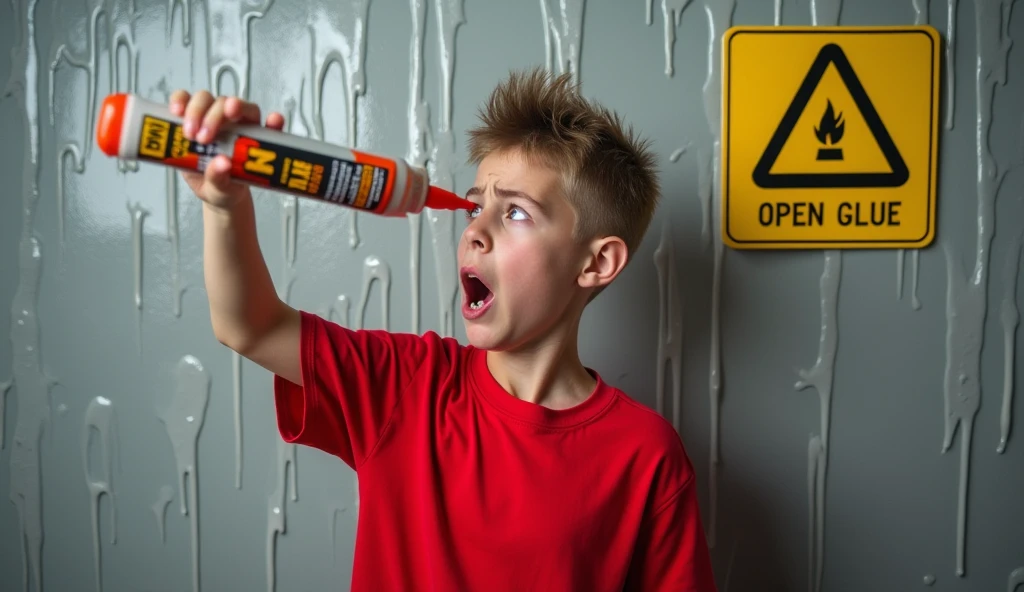 Person:
A yang boy in the image has his face shoked and afraid seen ito front.He are wearing a red shirt.He have hair. His left arm is raised, He carry a super glue and droping on his eye .The right hand is open and facing forward, making a stopping gesture.
Background:
The background is a grey glue textured wall with so much Glue.
Warning Sign:
There is a yellow warning sign with black borders and text on the wall.The sign includes symbols indicating no Glue or open flames are not allowed.
The image seems to convey a strong message,