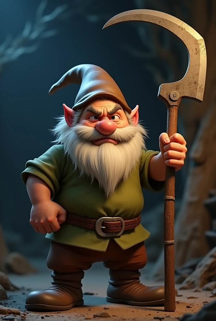 disney’s dwarf grump holding a sickle
