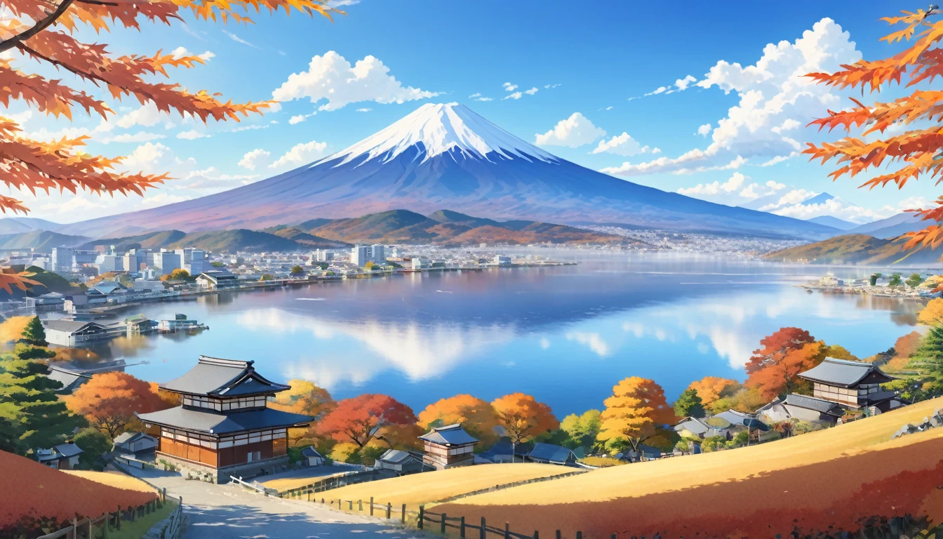 masterpiece, Highest quality, Highly detailed illustration,scenery, Landscape View,Daytime,Japan,Fuji Mountain,Fuji Mountain,A lake and a village spread out at the foot of the mountain,autumn,autumn leaves,Rounded clouds, Realistic