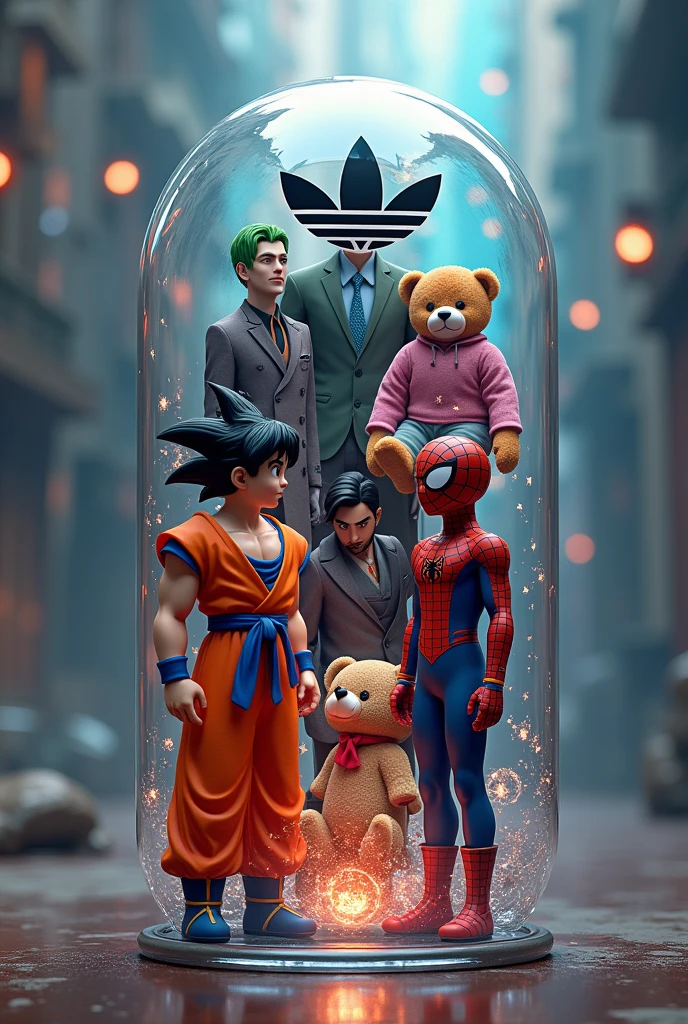 Goku, The Joker, jhon wick, teddy bear, spider man, and the adidas logo enclosed together in a capsule 