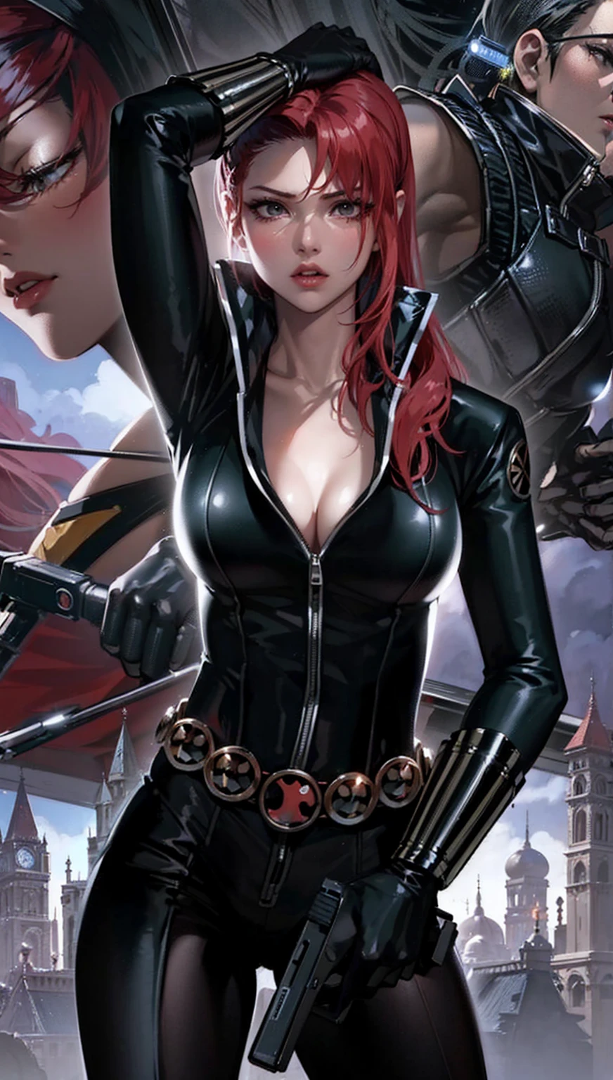 The image features a girl with long, bright red hair, dressed in a sleek skin-tight shiny black latex bodysuit with a deep-cut zipper neckline revealing a large chest, the silver zipper running down the front. The suit is complemented by her iron wrist guard on both wrists and a belt made of silver circles around her waist. She holds a gun in each hand in a ready position, while her other hand is touching her hair. Placed against a dark city backdrop, the scene includes buildings and might contain elements resembling a clock tower, suggesting an urban setting. This composition is emblematic of a superhero genre, highlighting central and ancillary characters, with an overtone of action and vigilance.