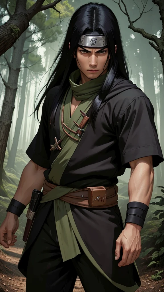 (cowboy shot), sfw, (masterpiece), (best quality:1.0), (ultra highres:1.0), detailed eyes, BREAK looking at viewer, 1boy, dark skin, long black hair, intimidating look, green samurai armor, pouches, black headband, armband, narutoStyle, BREAK (forest, dense trees, night, outdoors, gorgeous view), intimidating pose