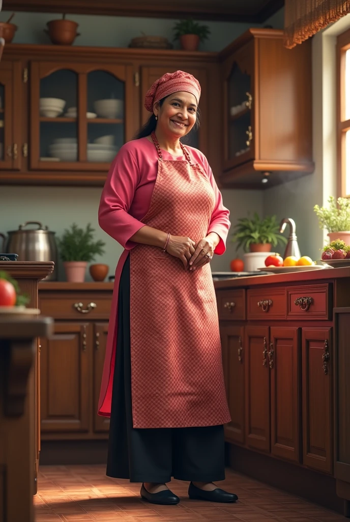 A lady wearing a pink kurti and a black plazo plant and black shoe with a checked apron and a checked chefs cap