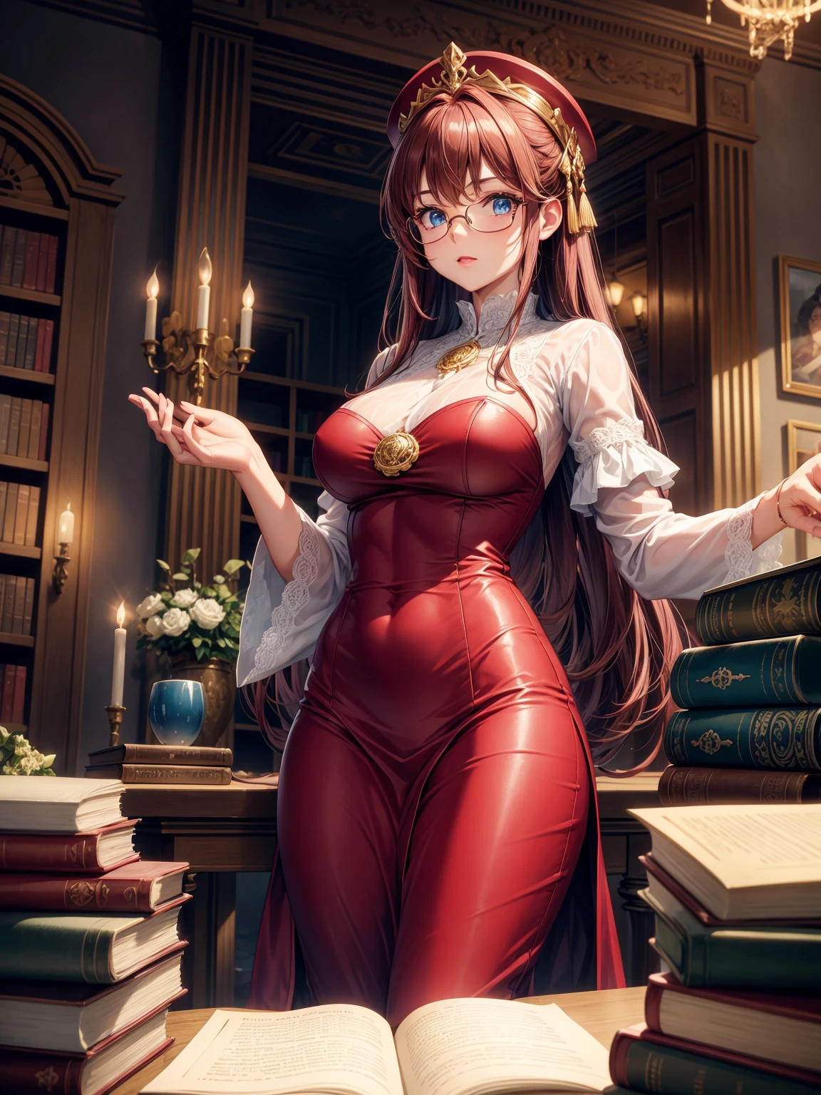 In an ancient, grand library filled with towering bookshelves, a stunning woman is immersed in a world of knowledge. She wears a fitted, vintage-inspired dress in deep burgundy, with lace detailing along the sleeves and neckline, accentuating her sophisticated yet alluring appearance. Her auburn hair is styled in soft waves, and she has a pair of stylish, round glasses perched on her nose. Her ice-blue eyes are focused on an ancient tome she holds delicately in one hand, while the other hand rests on a polished oak table. The warm glow from an antique chandelier above casts a golden hue on her skin and the dusty, leather-bound books around her.