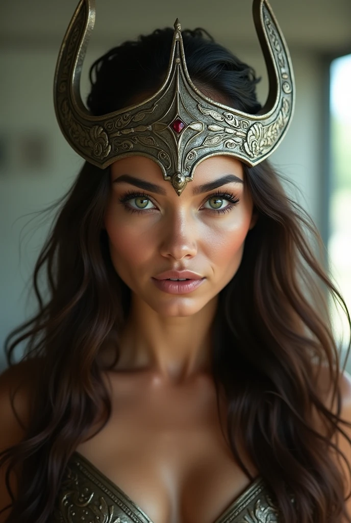 Portrait photo ultra réaliste d'une belle femme latine avec un casque de Valkyrie, d'environ 30-35 ans. Cheveux bruns, légèrement ondulés, yeux vert-marron clair, charismatique et épique. Avec une expression sur le visage de vengeance.