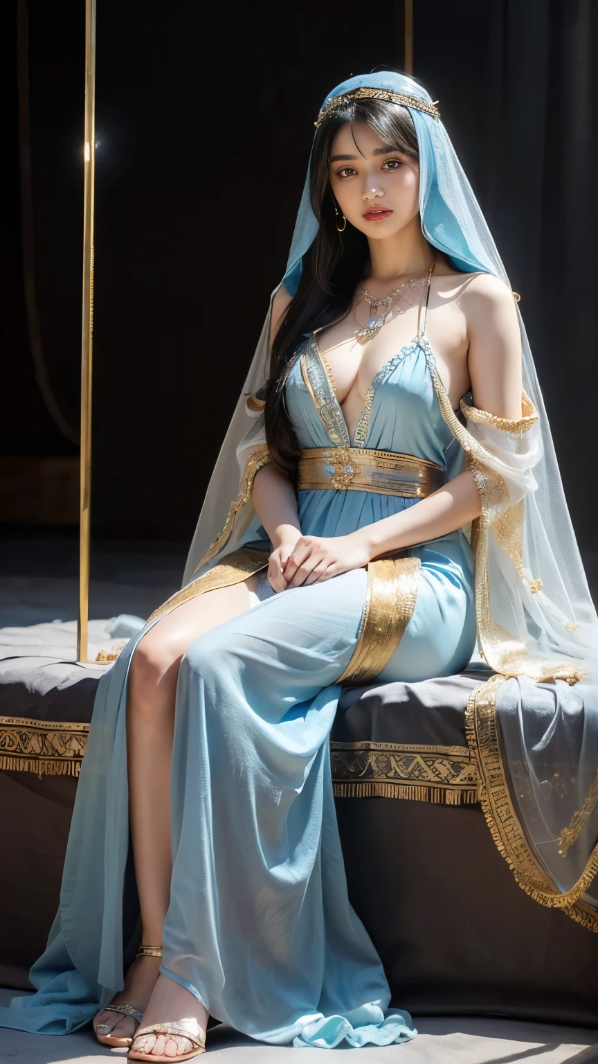 Front view , ((Full-body, in Arabian tent), a Persian ancient girl, looking at viewer, exotic Persian girl is 20 years old, (Black hair ,long hair, Brown eye, (Her eyes were outlined with kohl:1.3) , little Lips, serious, head band jewel), (big breasts, wide hip), (She wore a knee-length light blue gorgeous design gown adorned with intricate embroidery, complemented by gold bangles and necklaces. A second, longer shawl covered her head and shoulders, framing her face like a white see-through veil), ((Surrealism, Verism, UHD, retina, masterpiece, anatomically correct, accurate, textured skin, super detail, high details, high quality, best quality, highres, 8k))