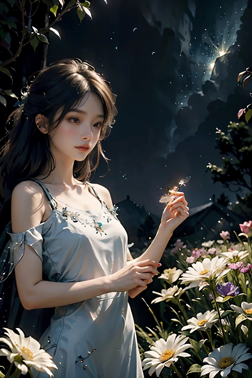 Beautiful fairy, surrounded by fireflies, ethereal and dreamy atmosphere