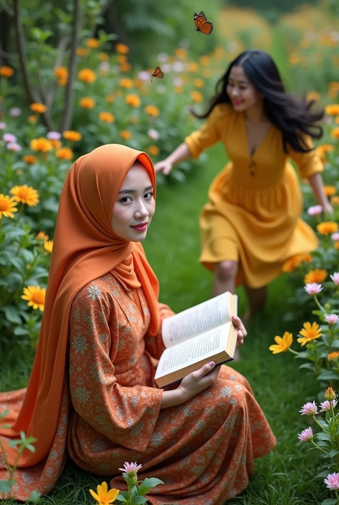a beautiful Indonesian woman, 2, wearing an orange robe with small flower motifs, a matching long hijab sitting on a grass, smiling beautifully at the camera, a both of her hands opening book. Beside him was a girl, shoulder length black hair, wavy, wearing a knee length yellow dress, running around chasing butterflies flying around the beautiful flowers around them. with a flower garden in the background with green grass and several beautiful flower plants. camera from above, face realistic focus, realistic pink lipstick, focus, 5D 8K
