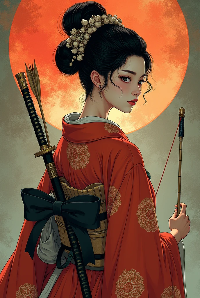 (Ultra-detailed face, looking away, Fantasy Illustration with Gothic, Ukiyo-e, Comic Art, Rich colors), BREAK (Japanese courtesan of the Heian period (794-1185), wearing a black eboshi (headgear), a pair of bracelets over the ears, a vermilion-embroidered robe with a hem of a gesho (undergarment) reaching from the waist to the ground, a hanabuto (half arm) visible under the collar, a belt with a hirago (a flat cord) around the waist, a ceremonial sword with an inlay on the belt, an arrow barrel on his back, an arrow in the barrel, a bow about his height, and a white thimble with a white thong and black leather shoes. He wears white thimble and black leather shoes.)