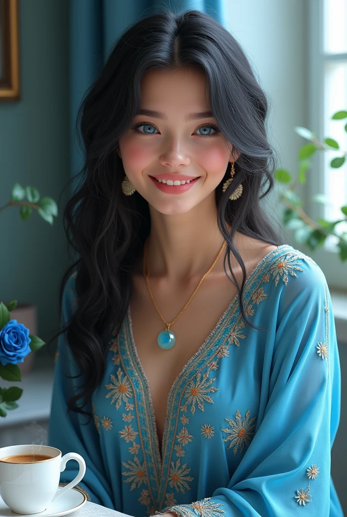 Beautiful pretty 3d girl smiling face blue Mughal wearing clothes with blue eyes
Blue rose and cup of coffee