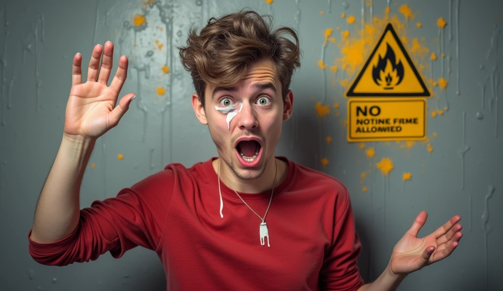 Person:
A yang man in the image has his face shoked and afraid seen ito front.He are wearing a red shirt.He have hair. His left arm is raised, He carry a super glue and droping on his eye .The right hand is open and facing forward, making a stopping gesture.
Background:
The background is a grey glue textured wall with so much Glue.
Warning Sign:
There is a yellow warning sign with black borders and text on the wall.The sign includes symbols indicating no Glue or open flames are not allowed.
The image seems to convey a strong message,