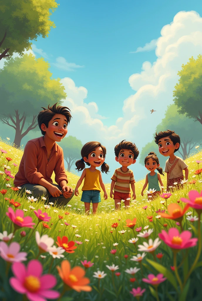 : Illustrate villagers visiting Babu’s field, admiring the blooming flowers. Include expressions of amazement and appreciation on their faces.
