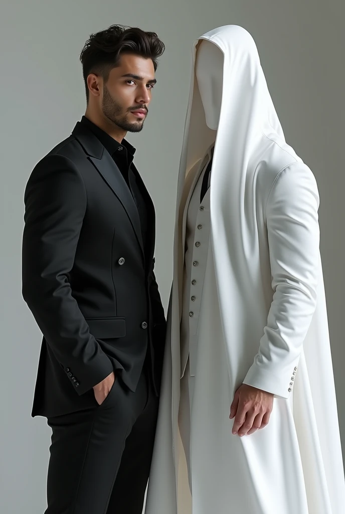 2 Man handsome Vietnam
1 person wear all black clothes
1 person wear all white clothes
Cover his face
Not beard
White skin