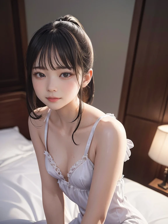 masterpiece, best quality, extremely detailed, (illustration), 8k cg wallpaper, absurdres, 1girl, negligee, small breast,ponytail, beautiful face, hands behind body, photorealistic, depth of field, anatomically correct, textured skin, UHD,hotelroom,feeling weak,sweat