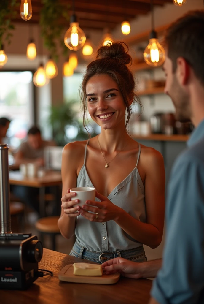 A lively, bustling café setting, filled with the aroma of freshly brewed coffee. A young woman, radiant with a warm, genuine smile, extends her hand to a male customer, presenting their order. The male customer, equally pleased, reaches out to receive the order. The scene is captured in a full-body shot, emphasizing the moment of connection and camaraderie. High contrast lighting illuminates the woman's lovely body, highlighting her smile and the vibrant atmosphere of the café.