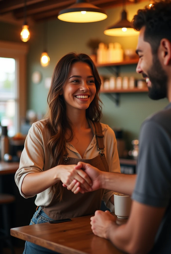A lively, bustling café setting, filled with the aroma of freshly brewed coffee. A young woman, radiant with a warm, genuine smile, extends her hand to a male customer, presenting their order. The male customer, equally pleased, reaches out to receive the order. The scene is captured in a full-body shot, emphasizing the moment of connection and camaraderie. High contrast lighting illuminates the woman's lovely body, highlighting her smile and the vibrant atmosphere of the café.