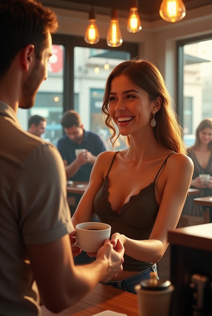 A lively, bustling café setting, filled with the aroma of freshly brewed coffee. A young woman, radiant with a warm, genuine smile, extends her hand to a male customer, presenting their order. The male customer, equally pleased, reaches out to receive the order. The scene is captured in a full-body shot, emphasizing the moment of connection and camaraderie. High contrast lighting illuminates the woman's lovely body, highlighting her smile and the vibrant atmosphere of the café.