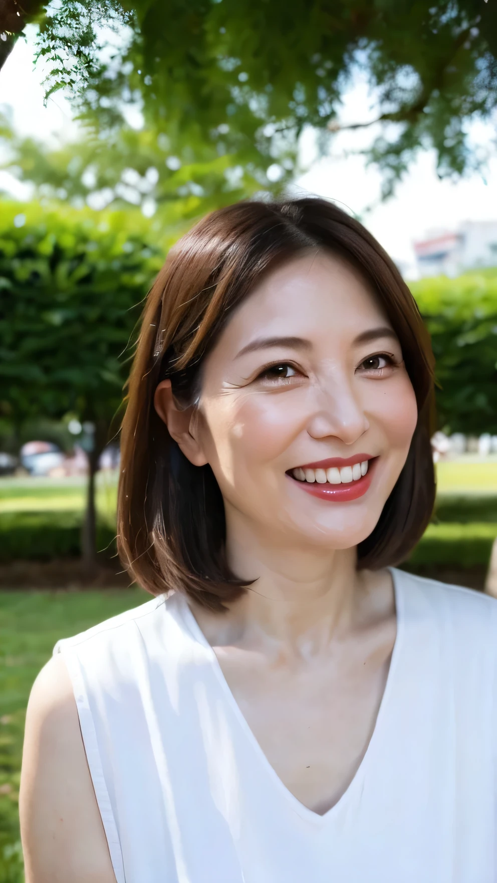 Standing in the park, Wrinkles around the eyes, Smiling with teeth showing, Plain short-sleeved clothing, senior citizen, Draw lips correctly, Red lipstick, No discomfort, 16K, Highest quality, Very detailed, Realistic, Very detailed肌, (Japanese), (alone), 60 years old, Large Breasts, , Glamour, sexy, Chromo White Skin, Staring straight ahead,
